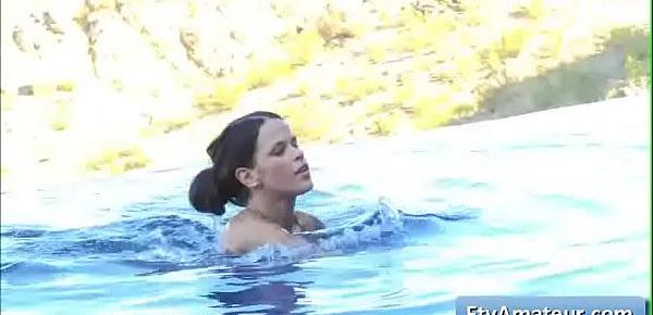  Sexy brunette teen amateur Mya finnger her juicy wet pussy by the pool after taking a swim